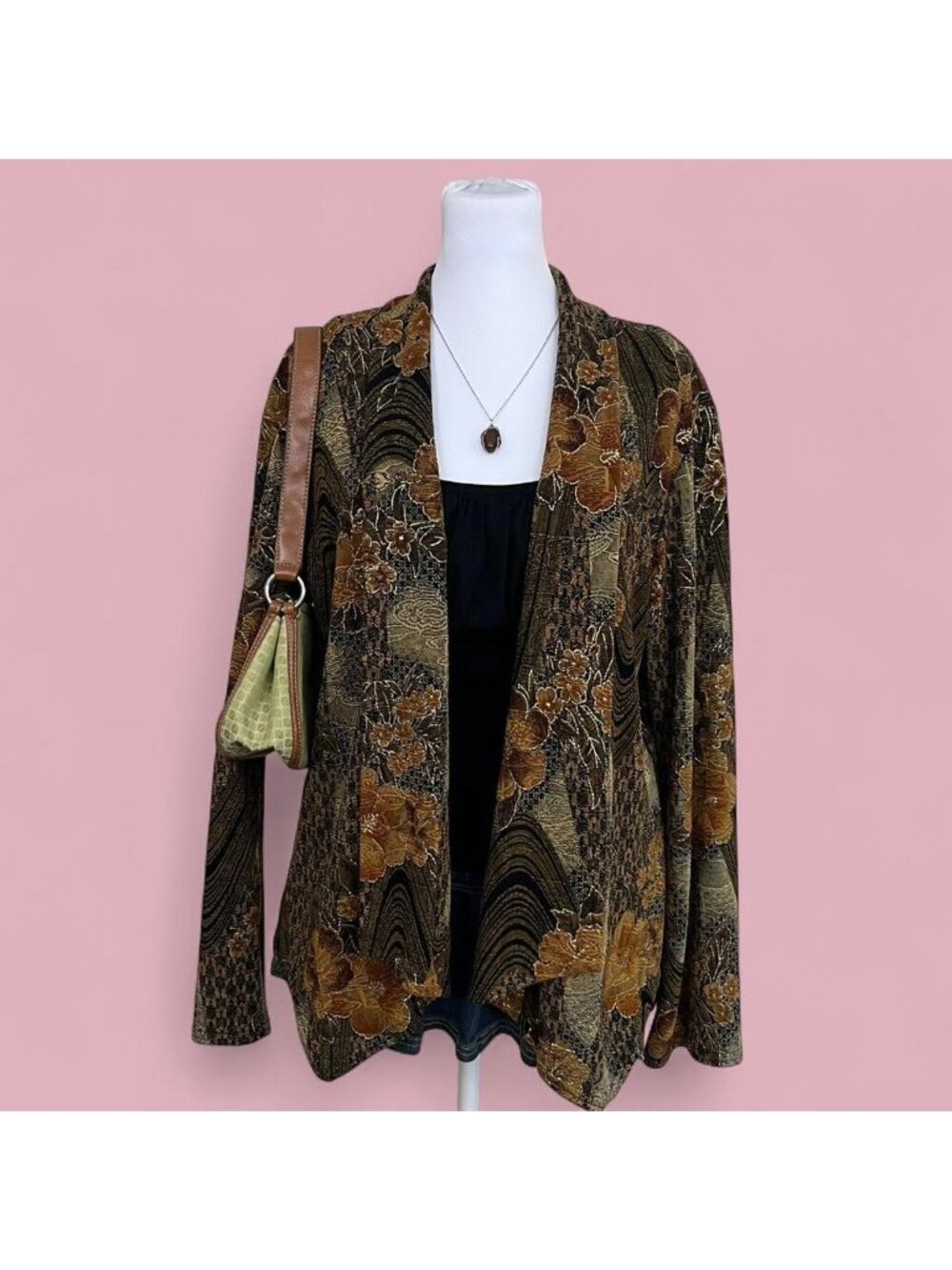 90s brown floral whimsygoth boho grunge open front cardigan jacket